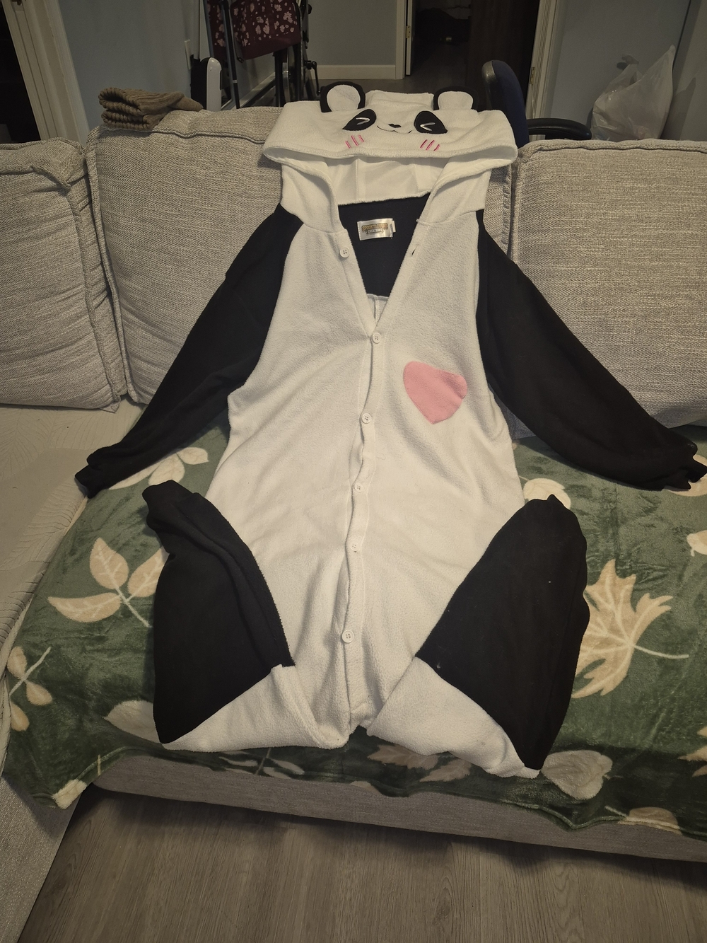 Kids Panda Hooded Onesie Pajamas - Black & White with Pink Heart